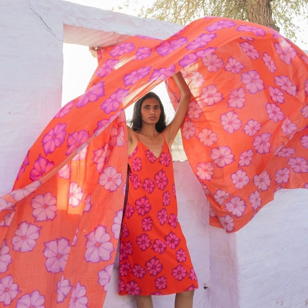 RHODE The Kat Dress Orange and Pink Floral Silk Midi Dress Bombay Bloom
